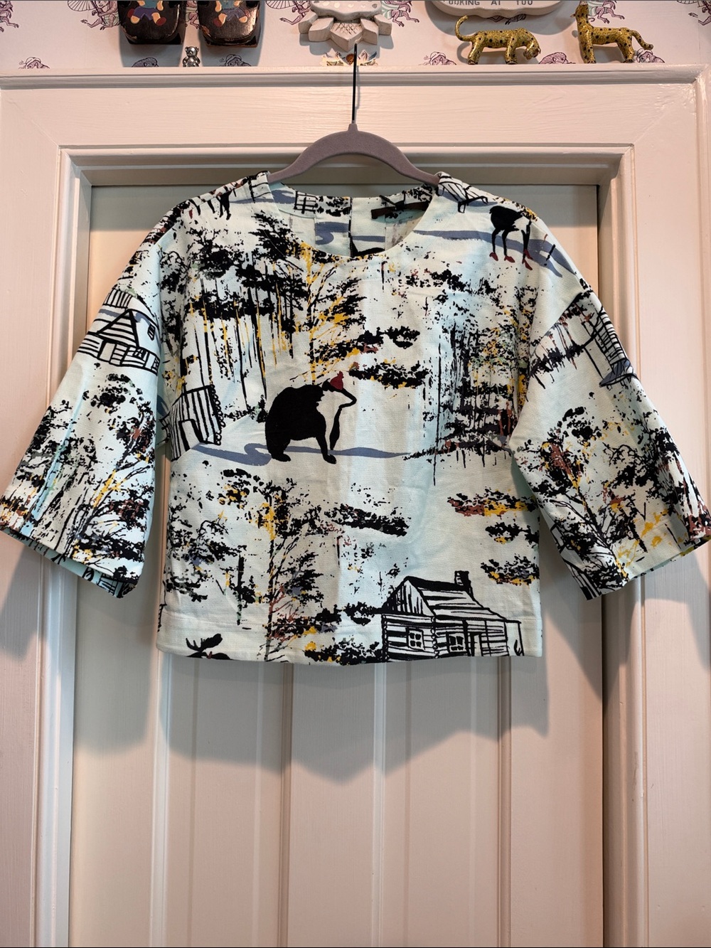 Tibi Sky Cabin Print Top with Bear Motif